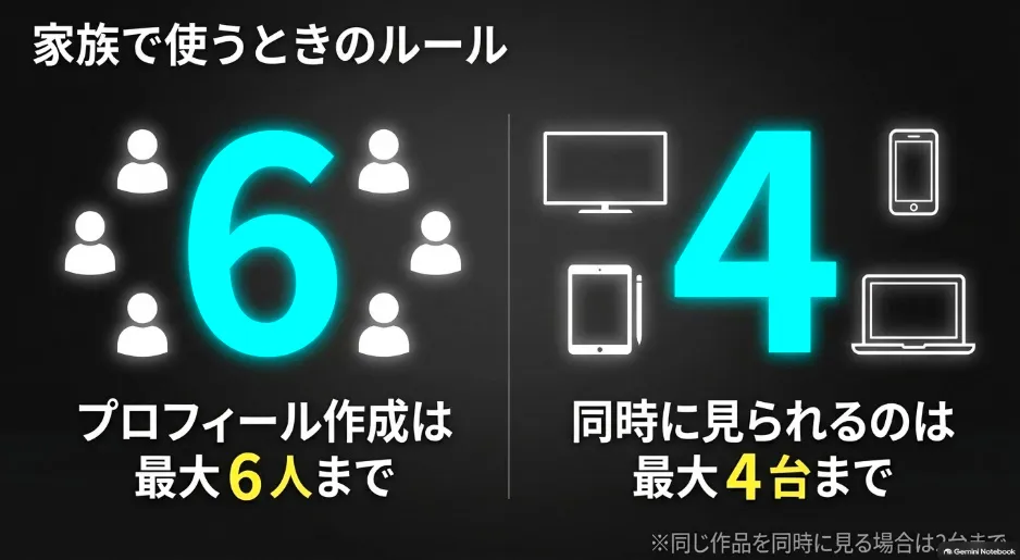 家族で使うときのルール。プロフィール作成は最大6人まで、同時に見られるのは最大4台まで
