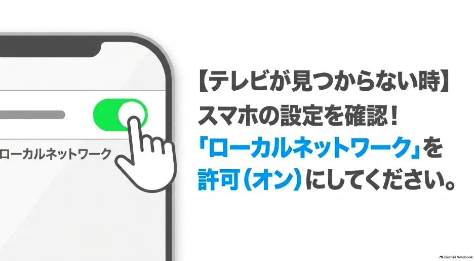 テレビが見つからない時の対策として、iPhoneのローカルネットワーク設定をオンにする方法を解説したスライド