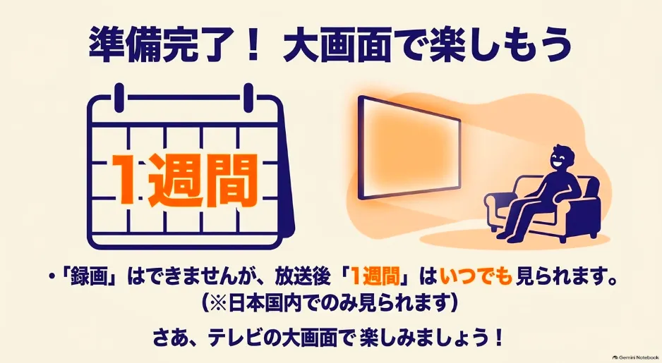 準備完了。録画はできないが放送後1週間はいつでも視聴可能(日本国内限定)