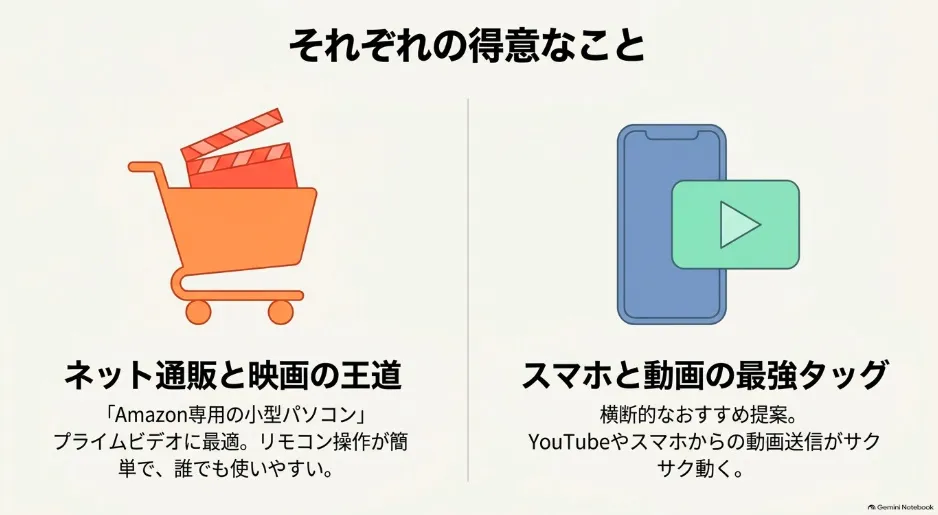 Amazon専用の小型パソコンのようなFire TVと、スマホと動画の最強タッグであるGoogle TVのそれぞれの得意なこと。
