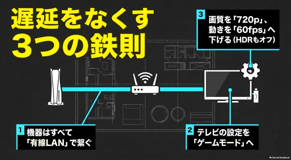 画質を720pに下げる、有線LANで繋ぐ、テレビをゲームモードにするという遅延対策の3つの鉄則
